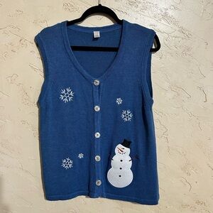 Blue Embroidered Women's Sweater Vest Winter Holiday Christmas Snowman size L/XL